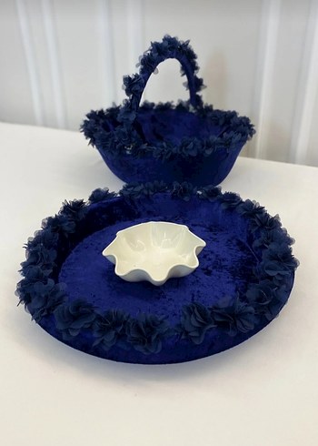 Koyu Mavi Çiçek Detaylı Sepet ve Tabak Seti - Görsel 2