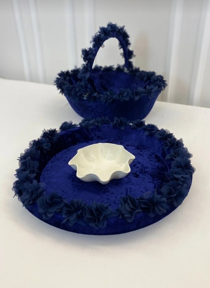 Koyu Mavi Çiçek Detaylı Sepet ve Tabak Seti - Görsel 2