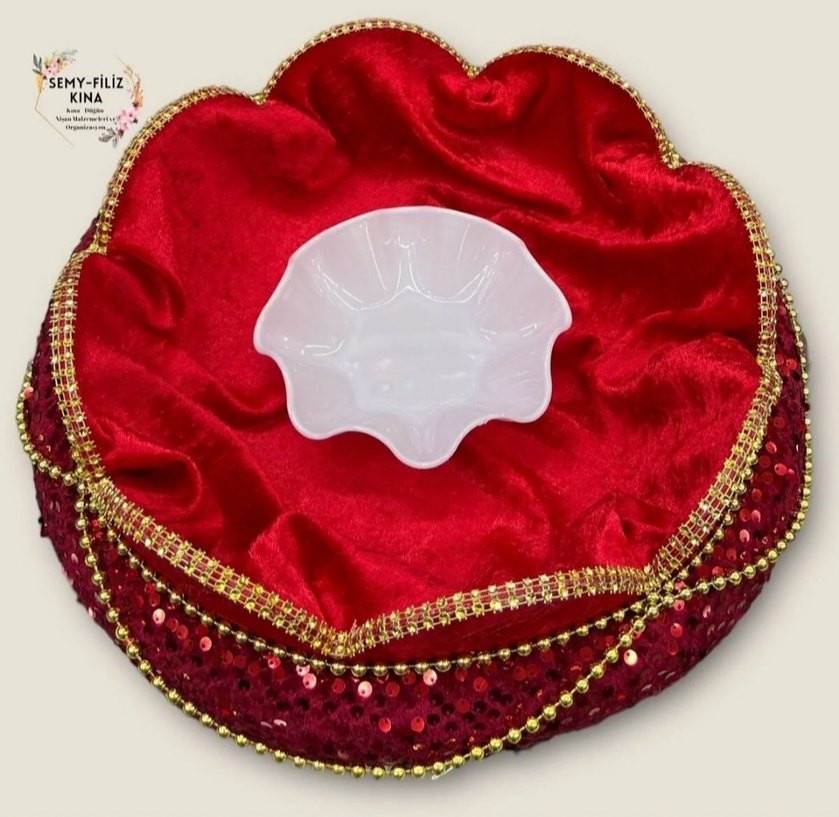 Kırmızı İşlemeli Boncuklu kına sepeti takımı - Görsel 2