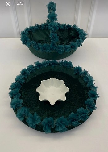 Koyu yeşil Çiçekli Sepet ve Tabağı - Görsel 2