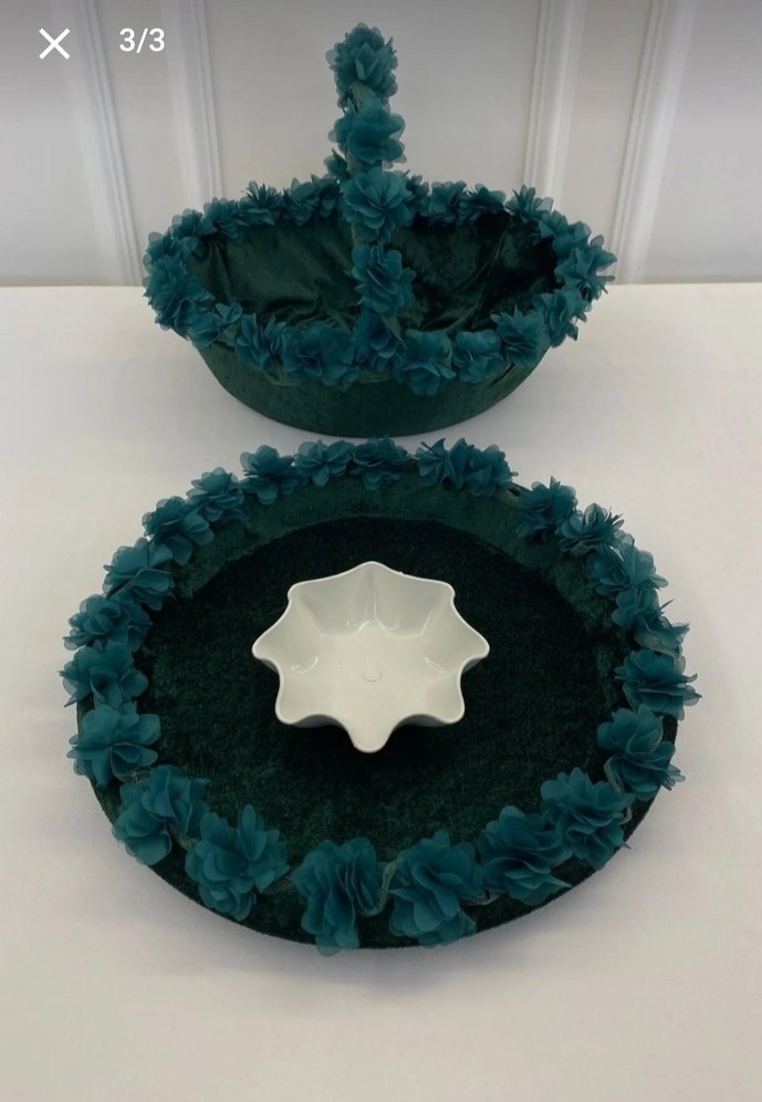 Koyu yeşil Çiçekli Sepet ve Tabağı - Görsel 2