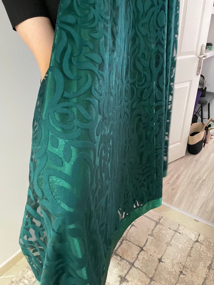 Uzun Yeşil Drapeli Kadın Elbise - Görsel 5