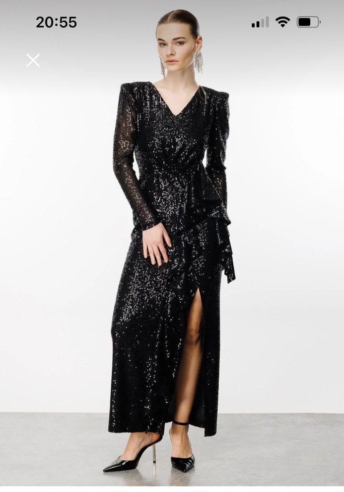 Parlak Siyah Yılan Desenli Uzun Kollu Abiye - Görsel 2