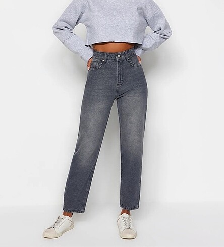 gri yüksek bel mom jeans