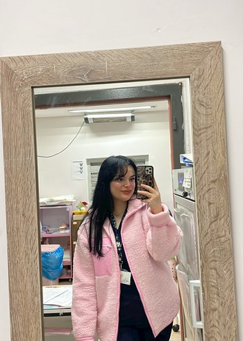 m Beden pembe Renk Peluş Detaylı Pembe Midi Kadın Ceket