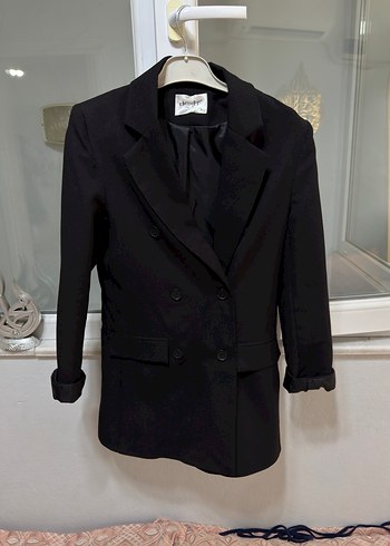 Kadın Siyah Düğmeli Midi Blazer Ceket - Görsel 3