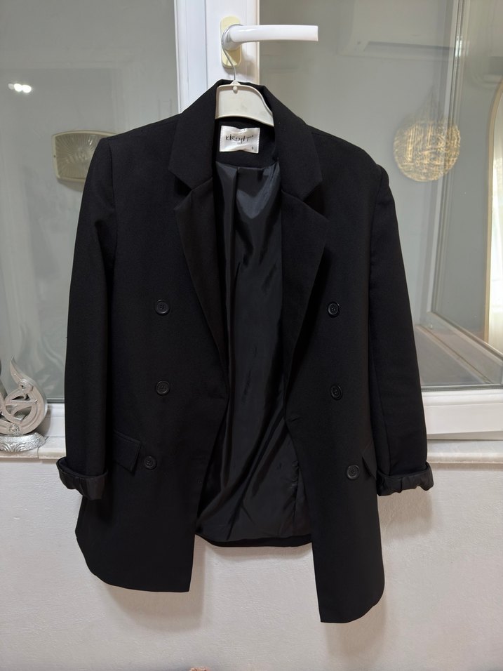 Kadın Siyah Düğmeli Midi Blazer Ceket - Görsel 4