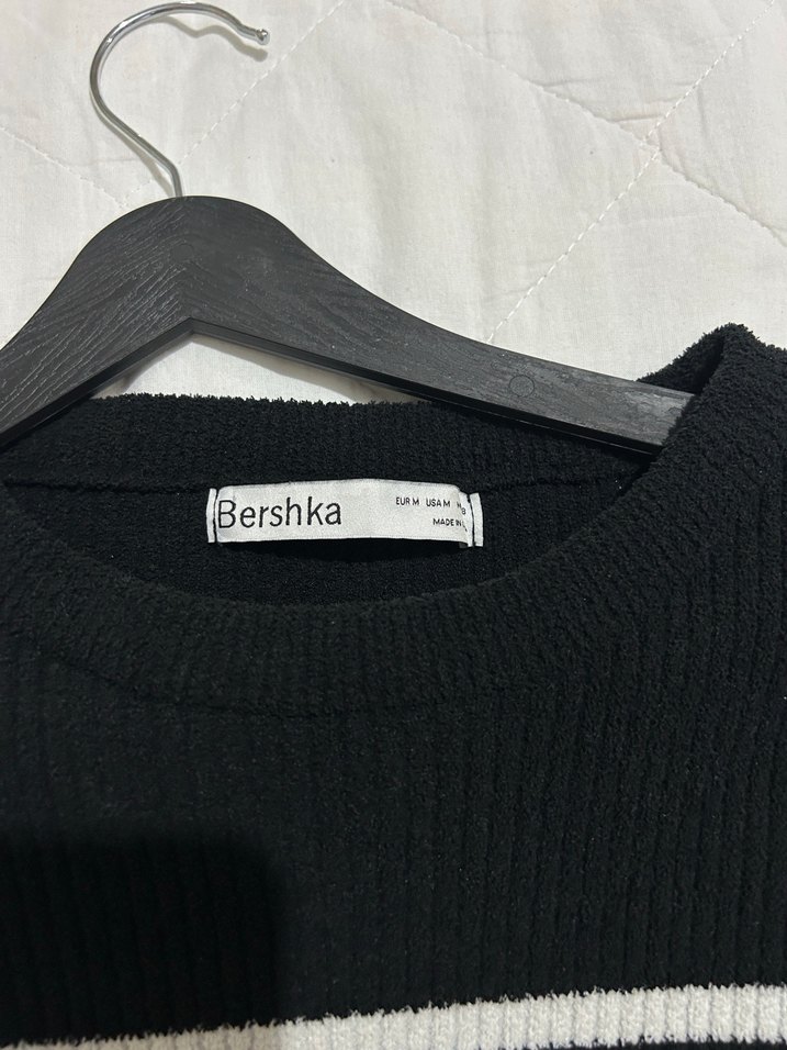 Bershka Siyah Beyaz Çizgili Triko Kadın Kazak - Görsel 4