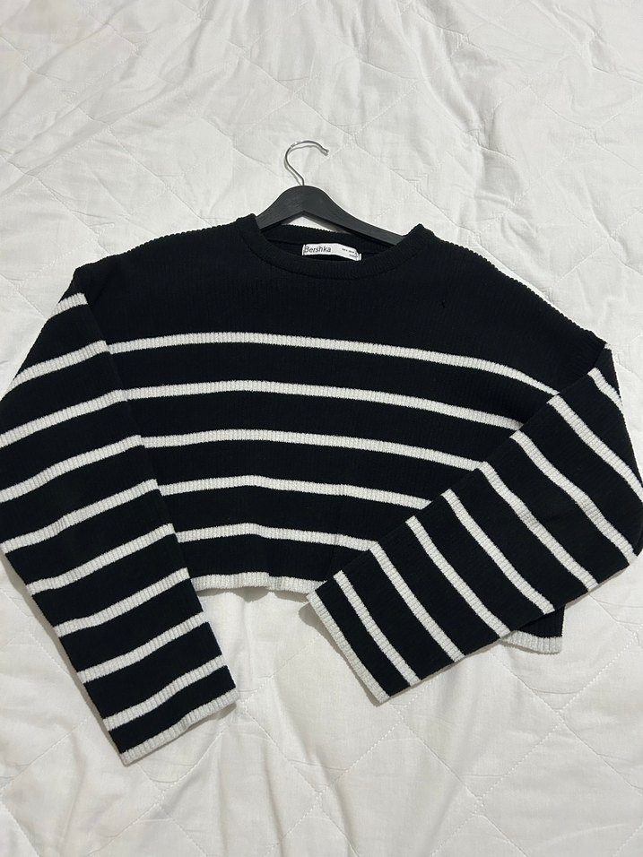 Bershka Siyah Beyaz Çizgili Triko Kadın Kazak - Görsel 2