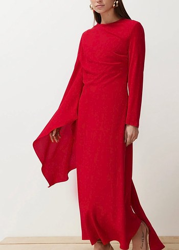 Kırmızı Uzun Drapeli Kadın Elbise - Görsel 4