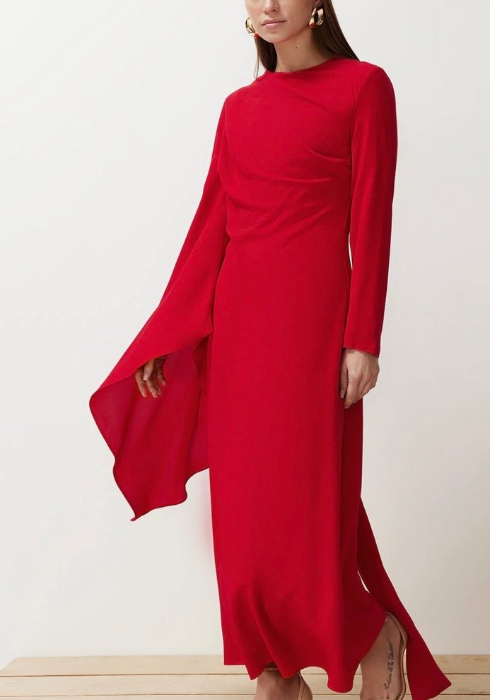 Kırmızı Uzun Drapeli Kadın Elbise - Görsel 4