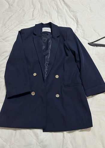 Stradivarius Lacivert Düğmeli Kadın Blazer Ceket - Görsel 3