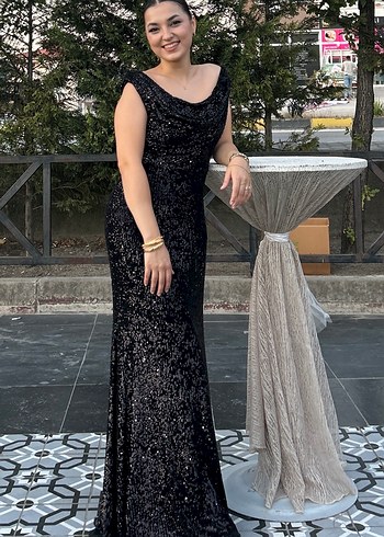 Siyah Parlak Payetli Uzun Abiye - Görsel 2