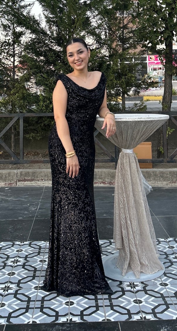 Siyah Parlak Payetli Uzun Abiye - Görsel 2