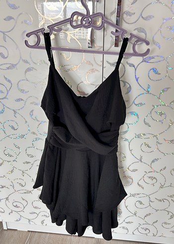 Askılı, Dökümlü Siyah elbise görünümlü tulum - Görsel 2