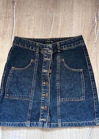 Düğmeli Lacivert Kot Mini Etek