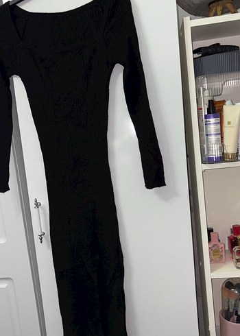 Siyah V Yaka Uzun Kollu Triko Elbise - Görsel 2