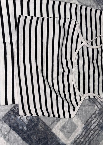 Çizgili Uzun İnce Askılı Etek bluz takım - Görsel 2