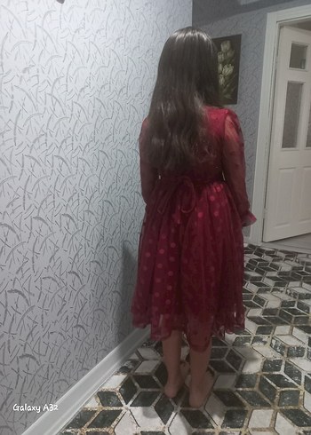 Bordo Puantiyeli Kız Elbisesi