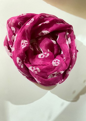 Diğer Dantelli Pembe Kafatası Desenli Kadın Fular