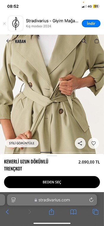 s Beden STRADİVARİUS KEMERLİ UZUN YEŞİL TRENÇKOT