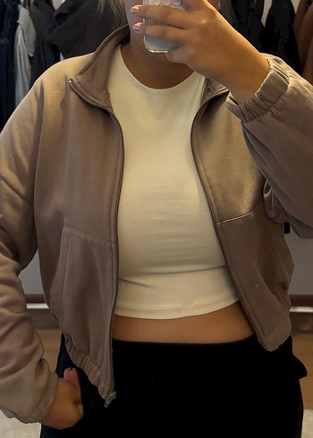 Addax Bej Yüksek Yaka Fermuarlı Kadın Sweatshirt Ceket
