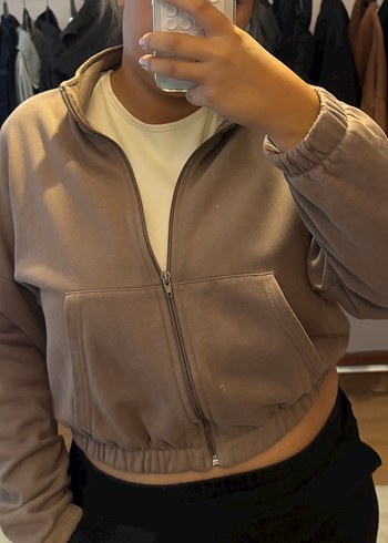 Bej Yüksek Yaka Fermuarlı Kadın Sweatshirt Ceket