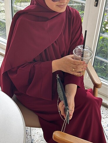 Bordo renk düz kesim abaya - Görsel 4