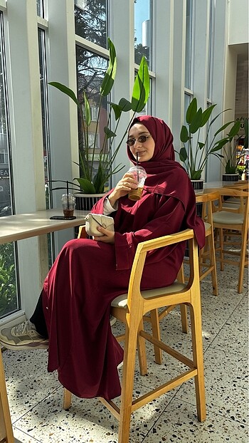 Bordo renk düz kesim abaya - Görsel 5