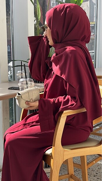 Bordo renk düz kesim abaya - Görsel 6