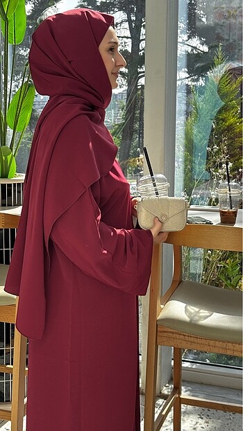 Bordo renk düz kesim abaya - Görsel 7