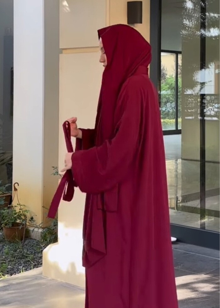 Bordo renk düz kesim abaya - Görsel 3