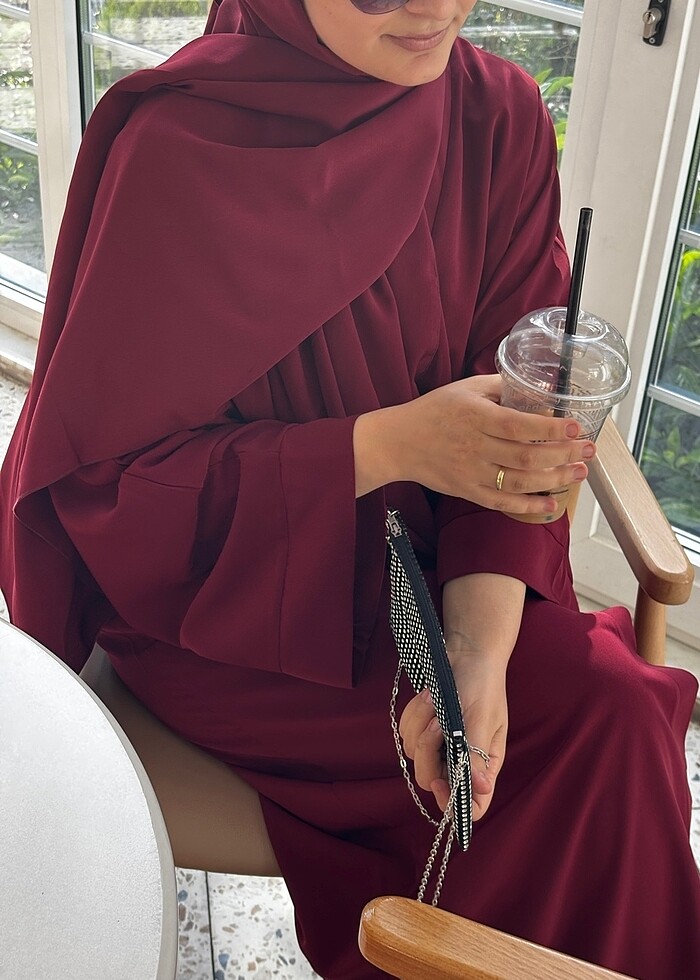 Bordo renk düz kesim abaya - Görsel 4