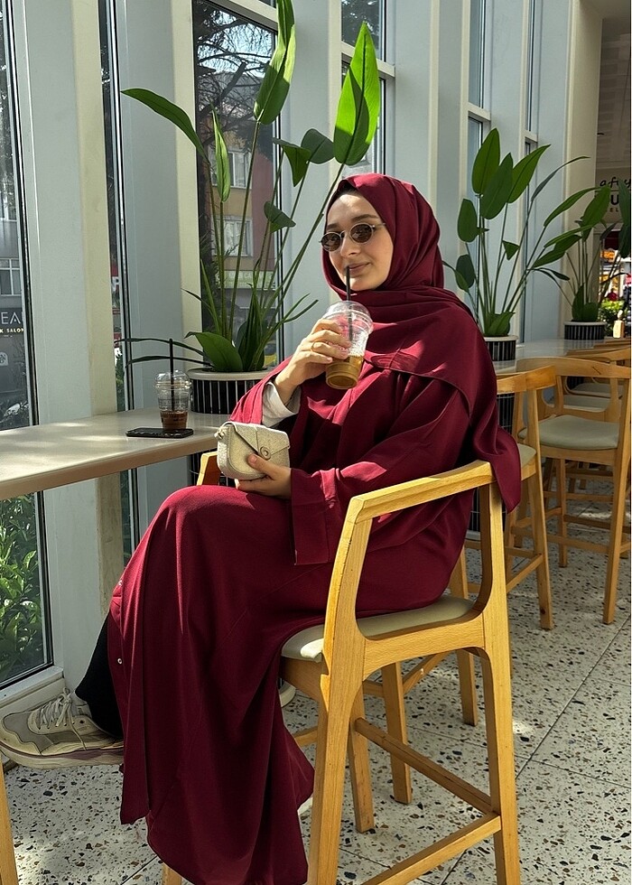 Bordo renk düz kesim abaya - Görsel 5