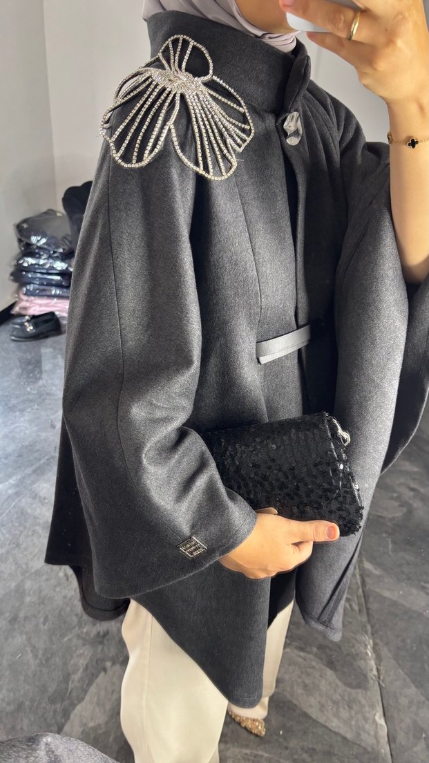 Gri kaşe kumaş Kuşaklı panço - Görsel 3