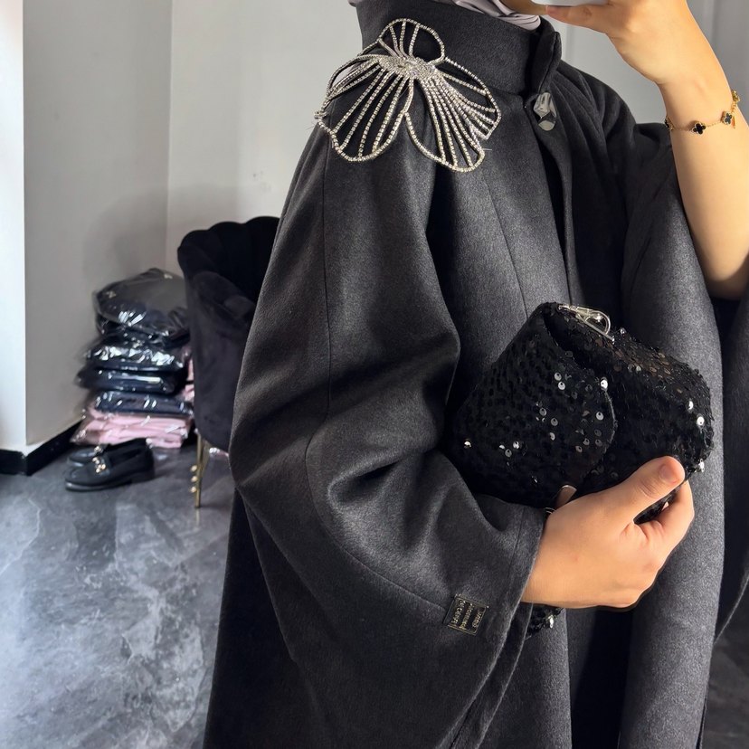 Gri kaşe kumaş Kuşaklı panço - Görsel 2