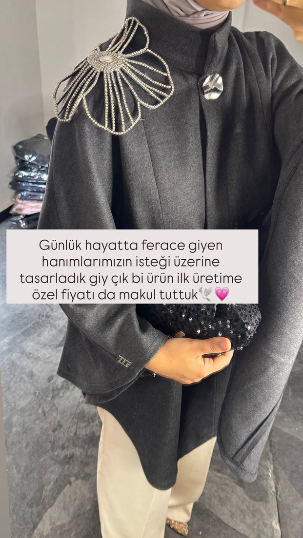 Gri kaşe kumaş Kuşaklı panço - Görsel 4