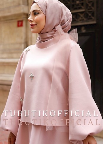 Pudra Renk Uzun Salaş Tesettür Abiye Elbise - Görsel 3