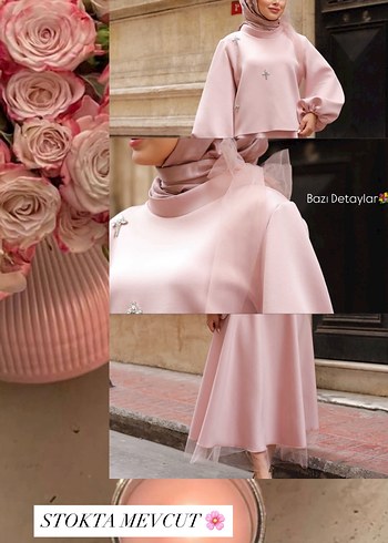 Pudra Renk Uzun Salaş Tesettür Abiye Elbise - Görsel 2