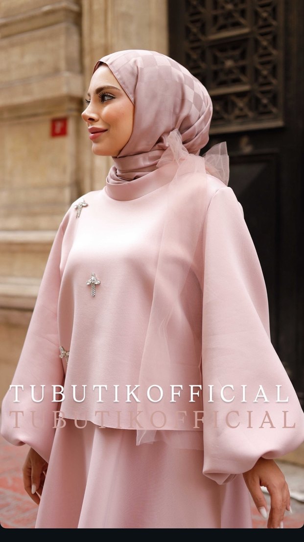 Pudra Renk Uzun Salaş Tesettür Abiye Elbise - Görsel 3