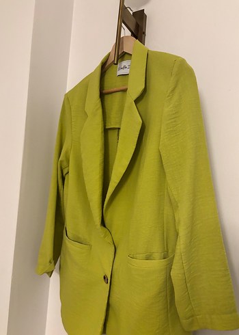 Yağ yeşili rengi Kadın Keten Blazer - Görsel 3