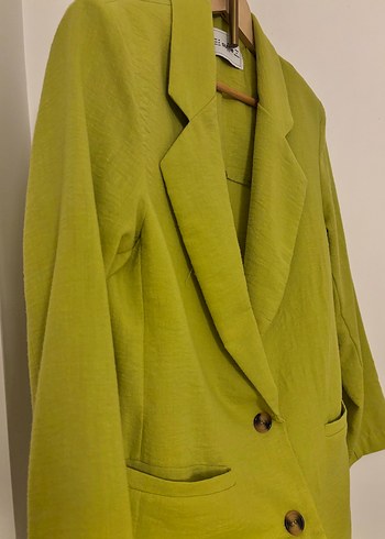 Yağ yeşili rengi Kadın Keten Blazer - Görsel 4