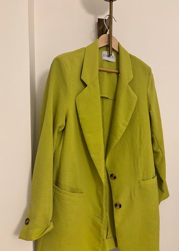 Yağ yeşili rengi Kadın Keten Blazer - Görsel 2