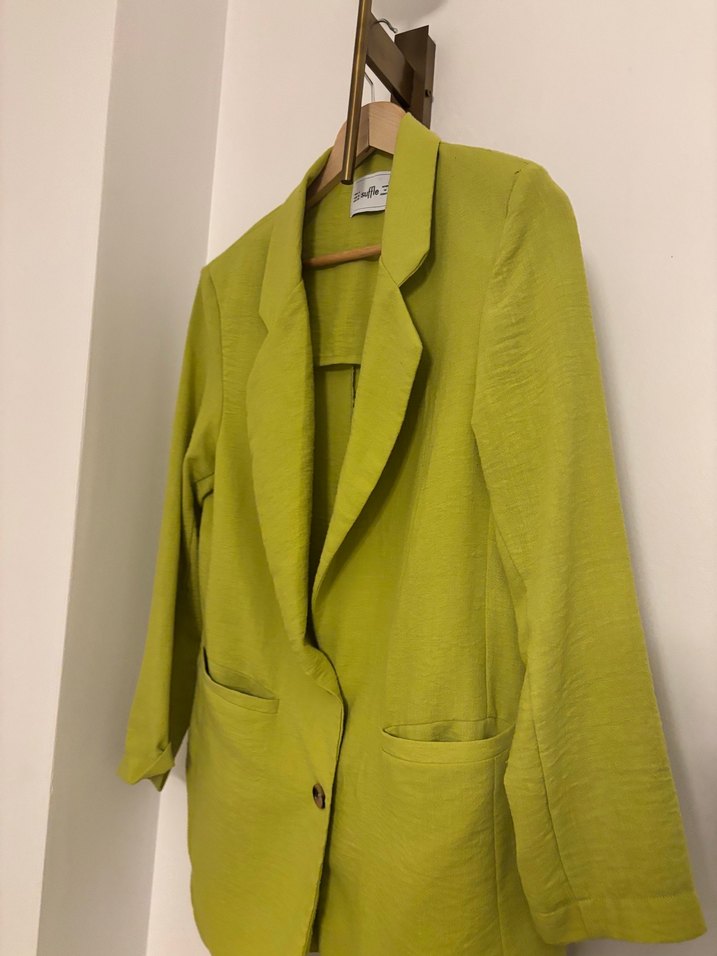 Yağ yeşili rengi Kadın Keten Blazer - Görsel 3