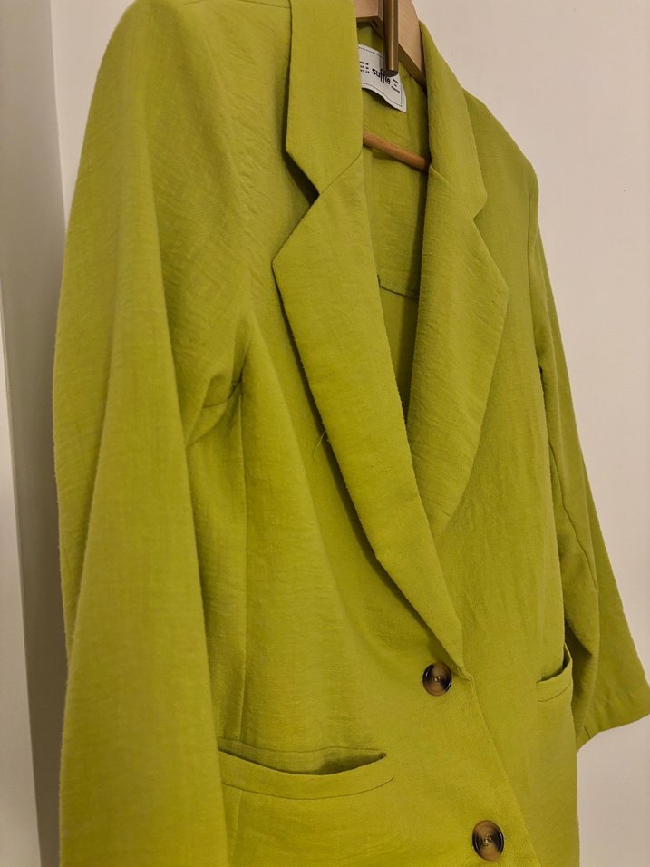 Yağ yeşili rengi Kadın Keten Blazer - Görsel 4