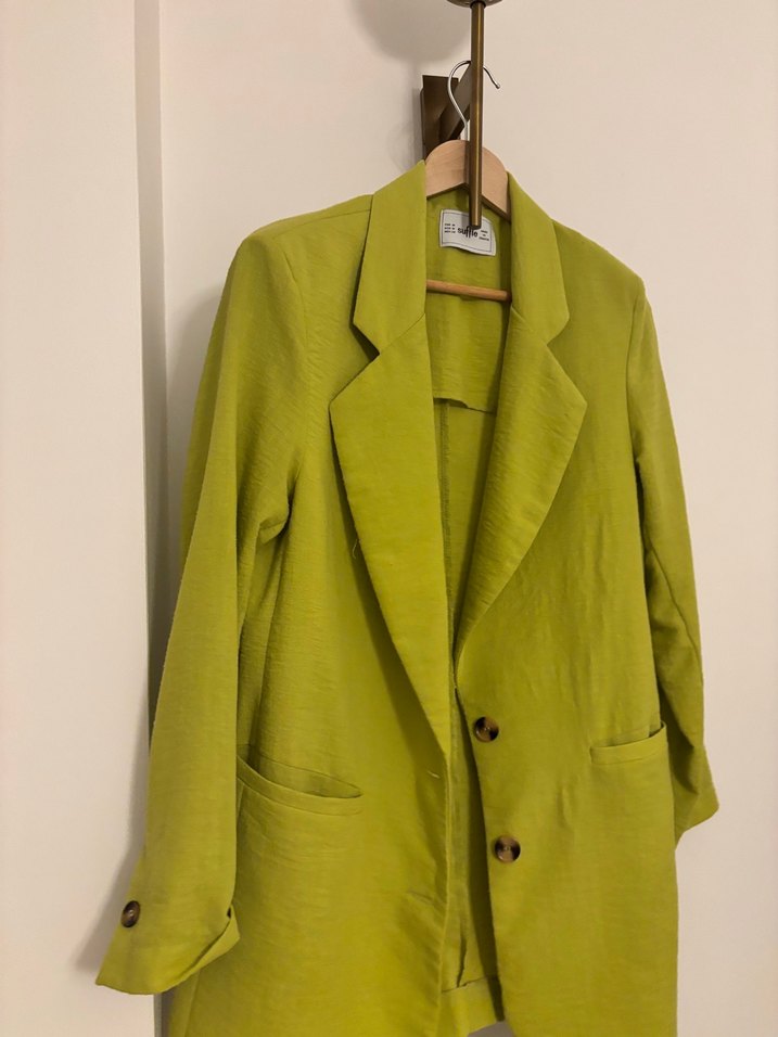 Yağ yeşili rengi Kadın Keten Blazer - Görsel 2