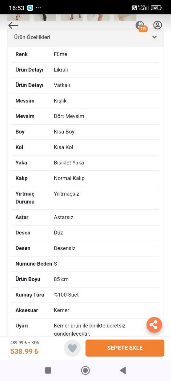 Gri Süet Kemerli Mini Elbise Eiketli Kullanılmadı - Görsel 2