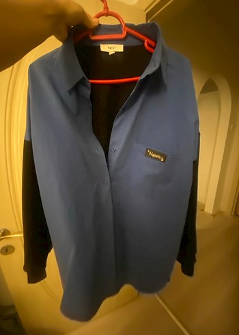 Düğmeli şaka mavi siyah sloganlı Uzun Kollu Kadın Gömlek - Görsel 2