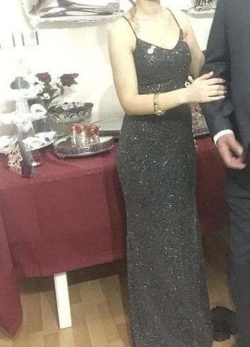 Füme Gri Simli Abiye Elbise