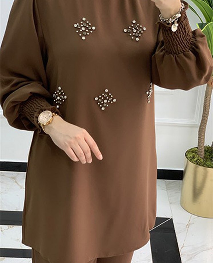 Uzun Kollu Kahverengi Nakışlı Tunik - Görsel 4